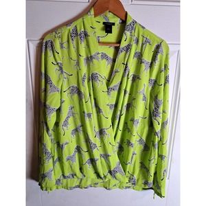 Ann Taylor Faux Wrap Blouse Sz Med Animal Jaguar Novelty Lime Green & Black